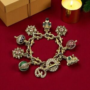 Vintage 1990s St. John Christmas Holiday Charm Bracelet ~Enamel & Crystal  7.25”